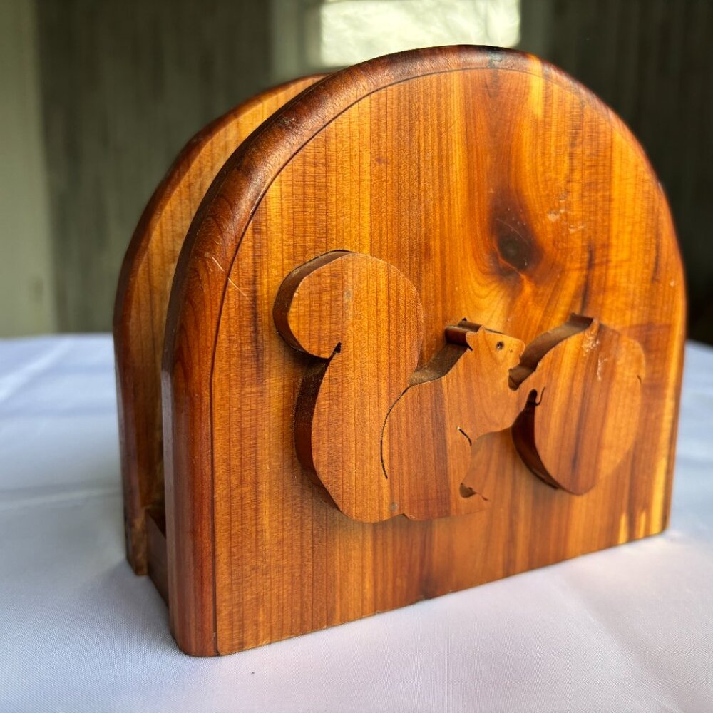 Carved Wood Squirrel Napkin Holder